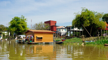 Wall Mural - village at tonle sap river shore