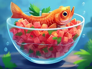 A fish is swimming in a bowl of food. The bowl is filled with cubes of food and a few pieces of celery