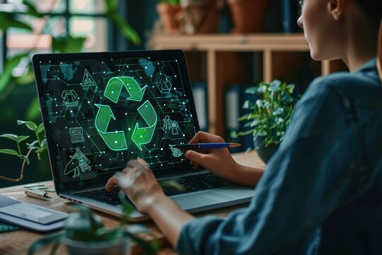 Woman working on laptop with recycle symbol on screen.