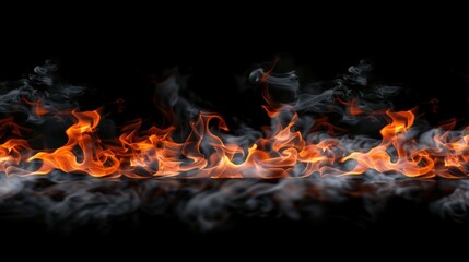 Close up of fire flames with smoke stream on a black background. Generate AI