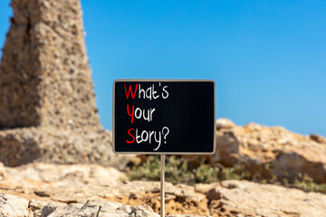 Fototapete - Storytelling and what is your story symbol. Concept words What is your story on beautiful yellow blackboard. Beautiful stone background. Business storytelling what is your story concept. Copy space
