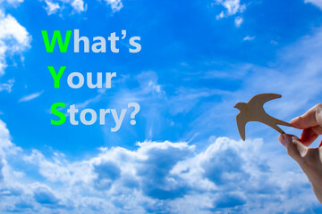 Fototapete - Storytelling and what is your story symbol. Concept words What is your story on beautiful blue sky clouds background. Wooden bird. Business storytelling what is your story concept. Copy space.