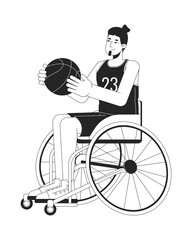 Poster - disabled caucasian man playing basketball black and white 2d line cartoon character. european sports