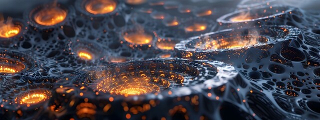 Poster - Biomechanical Structures Forming a Dynamic Glowing Technological Landscape in a Futuristic Cityscape
