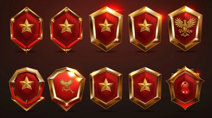 Poster - this modern realistic illustration depicts hexagonal red shield badges in golden frames decorated wi
