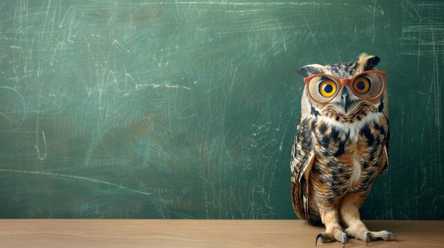 Wise owl in glasses, perched on a chalkboard, classroom setting, copy space