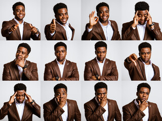 Collage of young businessman portraits with variety of facial expressions.