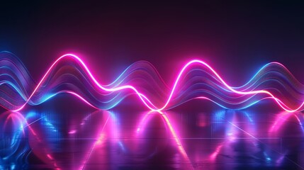 Wall Mural - On a black background, neon waves glow on the stage, reflected by the glossy floor, illuminating a disco club. Illustrator realistic illustration of pink and blue light curves glowing on dark stage