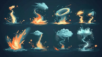 Canvas Print - Cartoon tornadoes and hurricanes - various whirlwinds and hurricane twisters on dark backgrounds. Modern illustration set with whirl clouds, dust and water. Natural disasters.