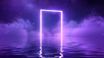 Wall Mural - The shadow of a purple neon rectangle on a water surface with smoke and a starry sky in the background. 3d modern illustration of a light-emitting portal on a futuristic border with smog and light