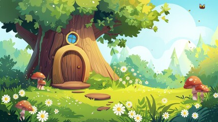 Wall Mural - In summer, a tiny wood stump house with mushrooms leads to a fairy elf or animal's home in woodland. Cartoon modern day landscape with trees, bushes, green grass and daisies.