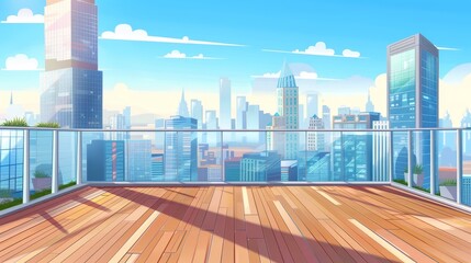 Canvas Print - An empty outdoor veranda with a view of a skyscraper on a sunny day. Cartoon modern illustration of a high balcony with wooden floor and transparent glass railings in downtown.