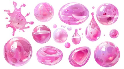 Wall Mural - A realistic 3D modern illustration of pink transparent soap drops with texture. A circular beauty product cream splash and jelly smear.