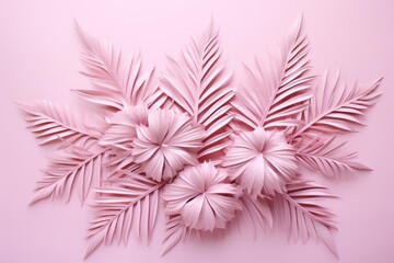 Wall Mural - top view of palm pink leaves printed on pink background, paper sculptures, pastel academia, soft pastel, minimalistic and clean,