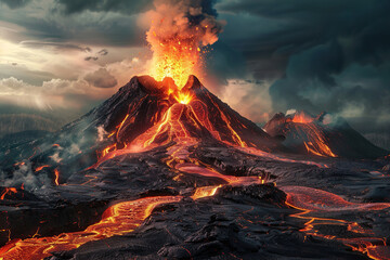 Generative ai on theme of erupting volcano with cascading hot lava surrounded thick white smoke