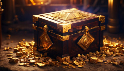 A treasure chest surrounded by gold nuggets