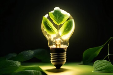 Sustainable environment light bulb with plants in place inside. Lightbulb with plant growing inside innovation and growth isolated. Green eco energy concept