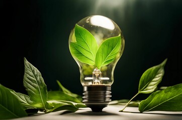 Sustainable environment light bulb with plants in place inside. Lightbulb with plant growing inside innovation and growth isolated. Green eco energy concept