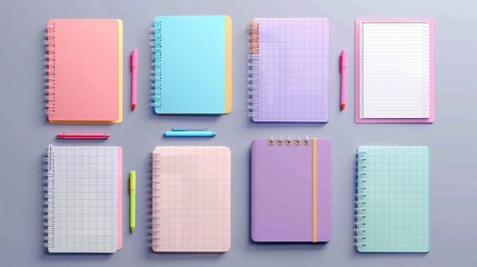 Poster - An empty notepad paper with a binder iron spiral isolated on gray background. Lined, checkered and dots pages for memo pads. Realistic 3D modern illustration.