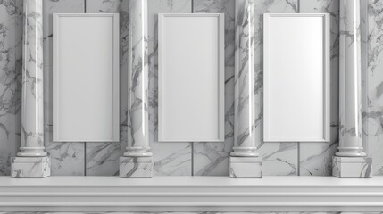 Wall Mural - This mock up depicts antique columns, stone pillars in a marble wall with illuminated sign boards. It also depicts art gallery interior with white empty banners.