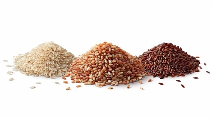 Different types of rice grain heaps. The pile of raw seeds is mainly arborio, basmati, and red rice. It is an organic cereal for cooking sushi and garnishing dishes.