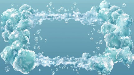 Poster - 3D realistic 3D modern illustration of air bubbles and effervescent water fizz border. Dynamic aqua motion, randomly moving underwater fizzing, soda drinks frame design on blue transparent