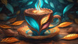 © evrimfunda - A steaming coffee cup with turquoise blue and brown leaves in the same colors, the background consists of blur turquoise leaves
