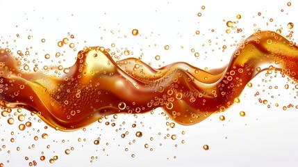 Poster - An effervescent liquid brown liquid with bubbles splashing in the air. Modern realistic illustration of bubbles, fizzy drinks, champagne and cold carbonated drinks.