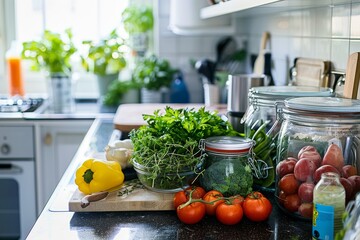 Wall Mural - Organized Kitchen Counter with Prepped Ingredients: Ready for Healthy Meal Prep