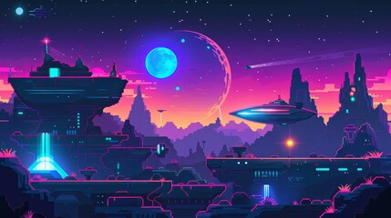 Wall Mural - A space game platform, cartoon 2D gui alien planet landscape, computer or mobile background with spaceship, arcade elements for jumping and bonus items. Galaxy, universe futuristic modern