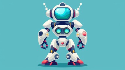 Poster - A cartoon illustration of an artificial intelligence robot soldier isolated on a white background. Mobile robots are being developed.