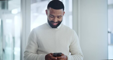 Poster - Cellphone, smile and businessman in office typing email, message or research online for law case. Happy, communication and male corporate attorney reading legal policy review on a phone in workplace.