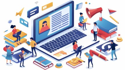 Poster - Training banner. Internet education, distance learning. Modern landing page of e-learning with isometric laptop and people learning on screen.