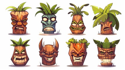 Wall Mural - A set of cartoon moderns of tiki masks with a toothy mouth and a wooden totem in Hawaiian or Polynesian style isolated on a white background. A set of icons based on cartoons and icons from the tiki