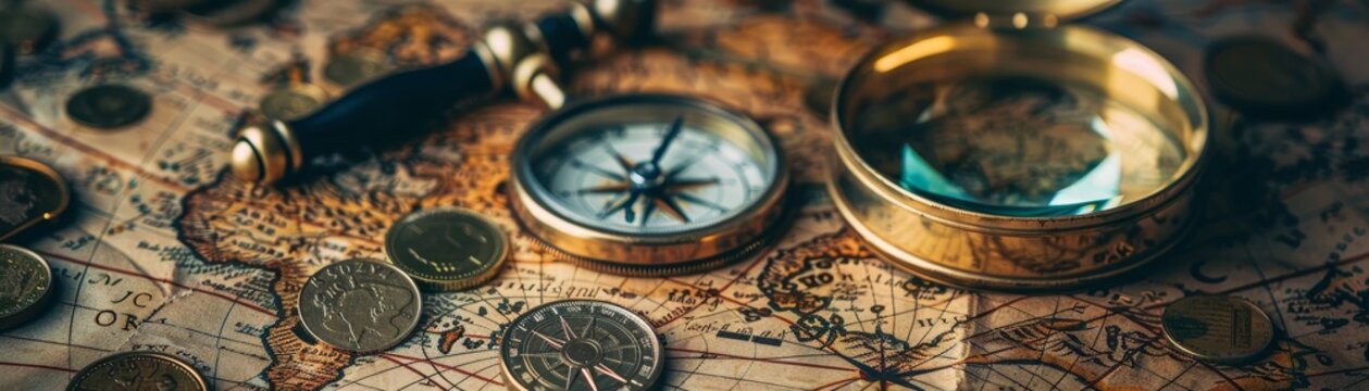 Compass lying on ancient world map, magnifying glass and old coins nearby