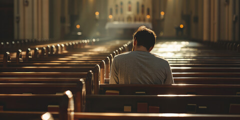 Back view of Man sitting alone in empty church and praying, sunlight.