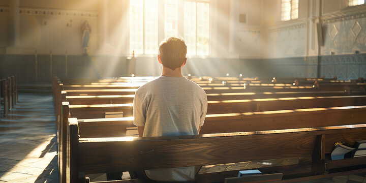 Back view of Man sitting alone in empty church and praying, sunlight.