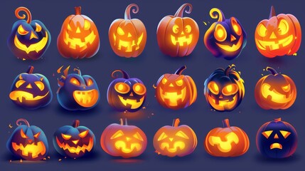 Wall Mural - Jack-o-lantern cartoon character emoji, cute or spooky ghosts with glowing eyes and teethy mouth. Jack-o-lantern squash mascots laughing. Modern illustration.