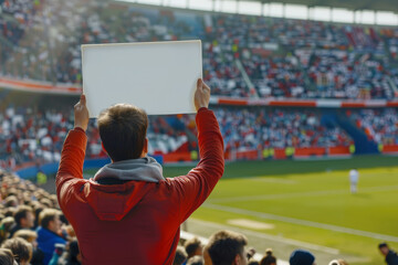 Sports fan holding blank sign at soccer game in stadium