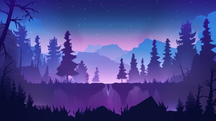 Wall Mural - Modern layered 2d cartoon landscape background with parallax elements and assets. Dark forest with creepy trees and mountains.