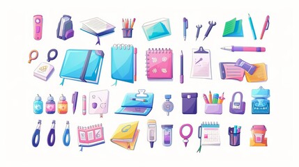 Poster - Modern cartoon icons of education supplies, notebooks, pens, pencils, markers, pins, sharpeners, notepads and paper sheets isolated on white.