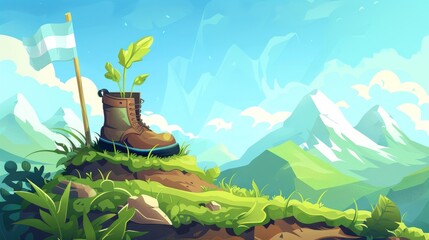 Wall Mural - Sprout grow in old boot with earth on hill with green grass. Modern illustration of spring landscape with seedling in shoe. Concept of the environment and ecology.