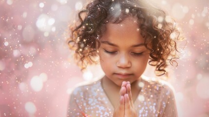 Canvas Print - religious angel kid little girl praying to god holy light, ai