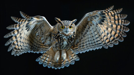 The Eurasian Owl flies with its eyes looking intently forward and flapping its wide wings on dark background