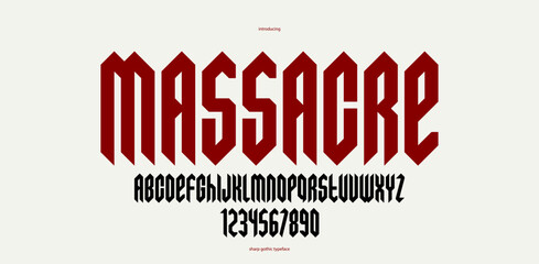 Fototapete - Sharp and bold tall gothic font for logo creation of for headlines, edgy geometric modern vector condensed typeface, heavy metal and hard rock style alphabet with numbers.