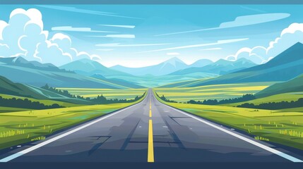 Canvas Print - At summer day, the straight highway disappears at the mountain landscape. At the side of the road are green fields, which appear in the setting sun under a cloudy blue sky. Cartoon modern