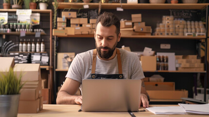 Poster - small business owner managing am online store working on laptop, e commerce business concept, digita