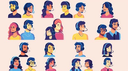Poster - Animated icons of customer service agents with headsets. Modern flat icons of men and women working on helplines or online chats.