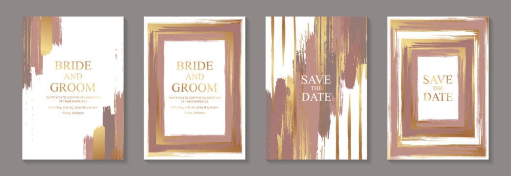 Grunge luxury wedding invitation designs or card templates for business or poster or greeting with golden and beige paint brush strokes on a white background.