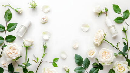 Layout of white cosmetics products and roses flowers, top view isolated on white background, minimalism, png
